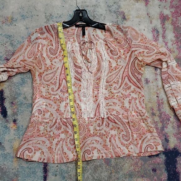 BCBGMaxAzria 100% Silk Cerise Pink Clay Combo Sheer Blouse Size XXS - Picture 10 of 13